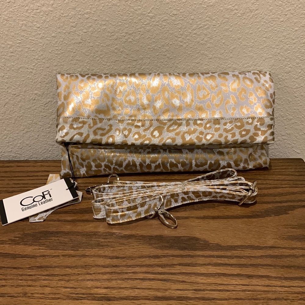 CoFi Leather Mollie Crossbody Clutch; White Gold